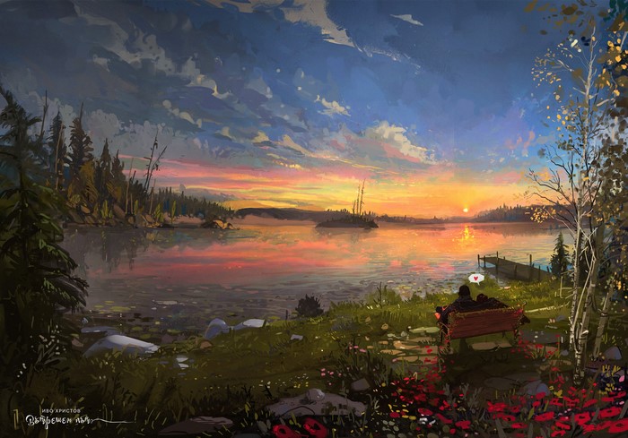 trees, Ismail Inceoglu, couple, artwork, nature, sunset, digital art, lake