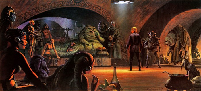 4K, Star Wars: Episode VI - The Return of the Jedi, Tatooine, Luke Skywalker, Ralph McQuarrie, Jabbas Palace, C-3PO, Boba Fett, jabba the hut, Star Wars, concept art