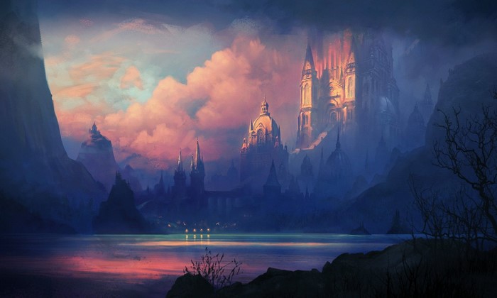 nature, digital art, mountains, castle, lake, artwork