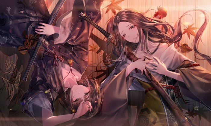 4K, junpaku karen, anime, short hair, brunette, sekiro, sword, long hair, anime girls, kimono
