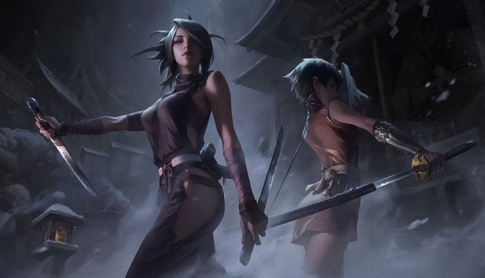 video game art, drawing, katana, XiaoGuang Sun, low-angle, weapon, women, Wakizashi, dagger, assassins, night, wind