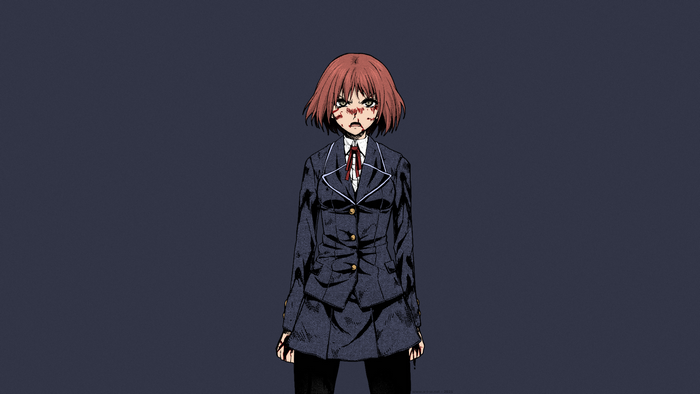 anime girls, Ifuji Shinsen, redhead, stockings, wounds, short skirt, injured, anime, Arachnid アラクニド, manga, schoolgirl, blood, Fuji Alice, short hair, school uniform
