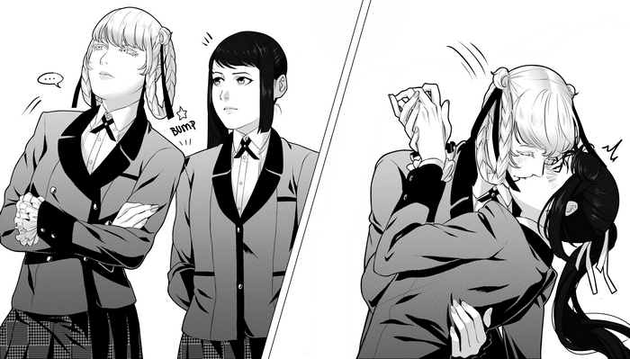 black hair, anime girls, holding hands, artwork, simple background, hugging, lipstick, yuri, Sayaka Igarashi (Kakegurui), Kirari Momobami, braided hair, anime, manga, panels, 2D, kissing, embarrassed, monochrome, silver hair, JK, surprised, fan art, bangs, Kakegurui, looking away, long hair, black ribbons, ponytail