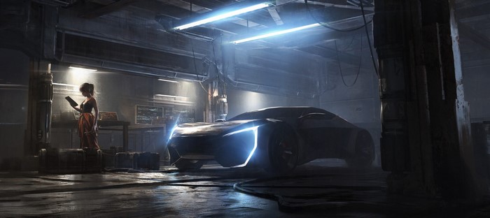 artwork, women, car, Garage, futuristic