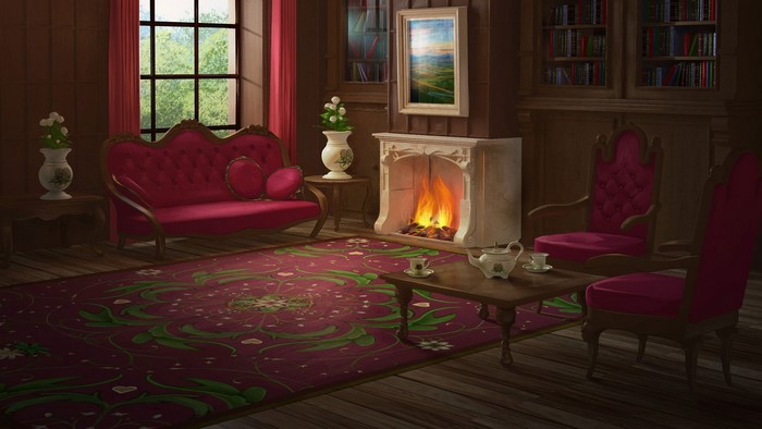 interior, fireplace, artwork