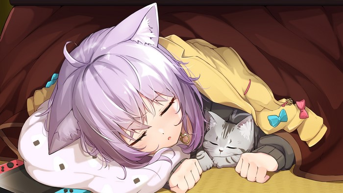 Nekomata Okayu Sleeping with Cat