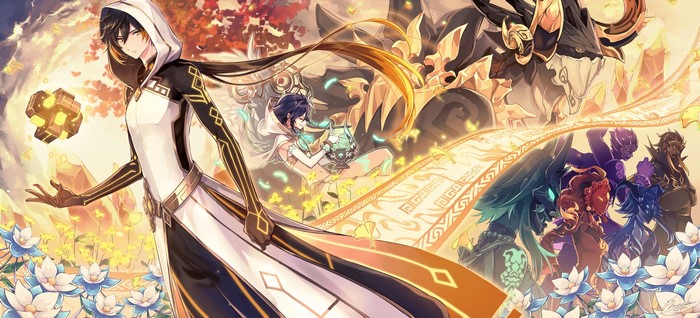 4K, Zhongli (Genshin Impact), long hair, Genshin Impact, dark hair, looking at viewer, fantasy art, anime