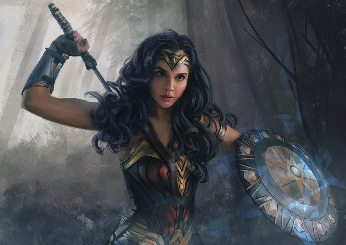 drawing, sword, shield, Mandy Jurgens, artwork, Wonder Woman, digital art, DC Comics, Gal Gadot, dark hair, women