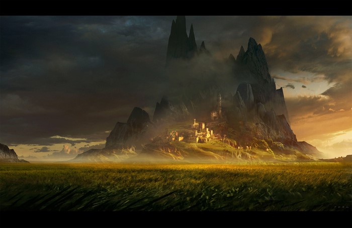 artwork, digital art, castle, mountains, fantasy city