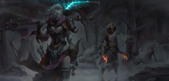 fantasy art, standing, sidecut, Zhihui Su, glowing eyes, artwork, weapon, women, fantasy girl, fantasy armor, ArtStation, blue eyes