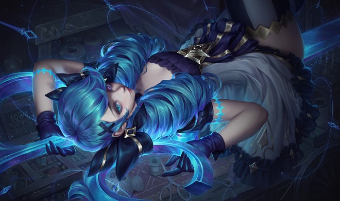 Dan Feijiding, League of Legends, fantasy girl, video game art, ArtStation, Gwen (League of Legends), lying on back, women, PC gaming, video game girls