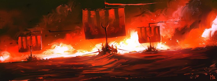 sea, ArtStation, boat, Dominik Mayer, vehicle, fantasy art, fire, artwork