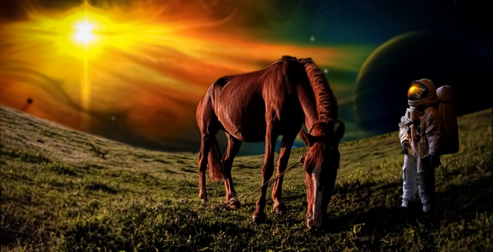 Astronaut and horse on alien planet