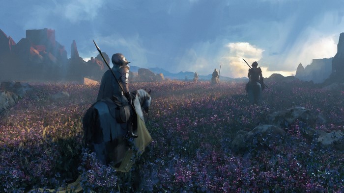 4K, landscape, fantasy art, field, sky, knight, ArtStation, artwork, Rostyslav Zagornov, horse riding, nature