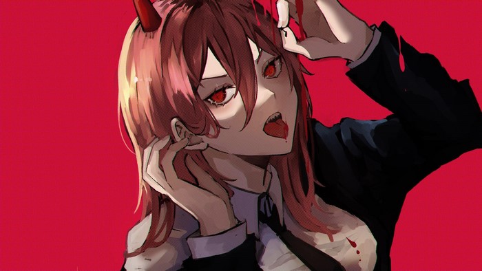 blood, horns, red eyes, Power (Chainsaw Man), redhead, demon girls, Chainsaw Man, anime girls, artwork