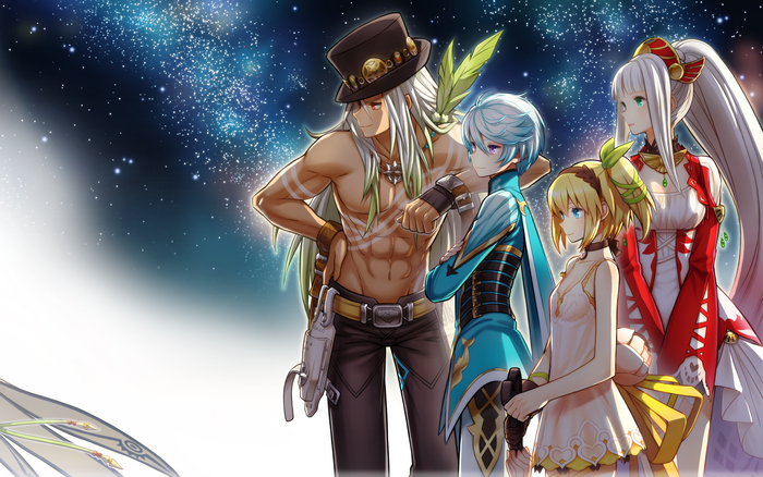 anime boys, anime, aqua hair, fantasy art, blonde, muscular, women trio, hat, anime girls, long hair, fantasy girl, Tales of Zestiria