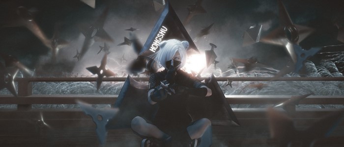 4K, short hair, Shirayuki (Arknights), legs crossed, white hair, sitting, blonde, ArtStation, hair over one eye, artwork, Kaz zzzz (Artist), Shirayuki, blades, digital art, concept art