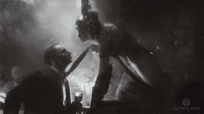 ArtStation, wine glass, Tim Razumovsky, drawing, tie, smoke background, women, artwork, monochrome, sensual gaze, digital art, men, thighs