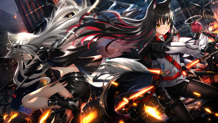 battle, fan art, fantasy girl, anime, video game girls, artwork, animal ears, video games, Lappland (Arknights), Exusiai (Arknights), 2D, Texas (Arknights), Arknights, anime girls, illustration, drawing, digital art
