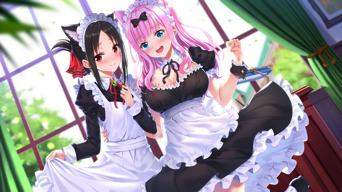 bangs, anime girls, Kaguya-Sama: Love is War, 2D, fan art, maid outfit, anime, pink hair, looking at viewer, illustration, artwork, Kaguya Shinomiya, nekomimi, Chika Fujiwara, cat ears, digital art, long hair, maid, black hair, blushing, dress