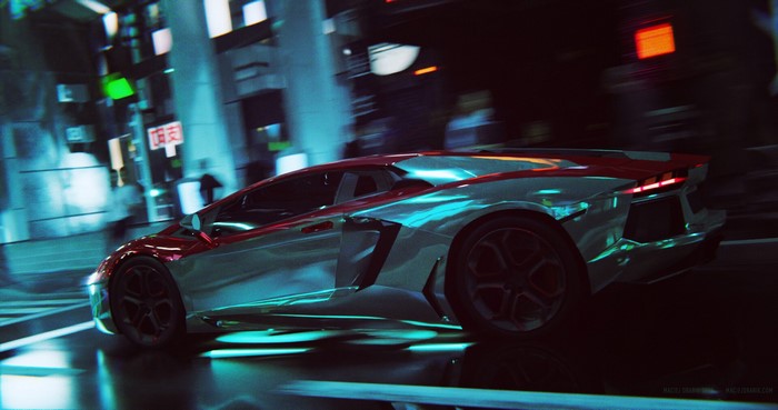 car, cyan, street, artwork, Lamborghini, night, urban