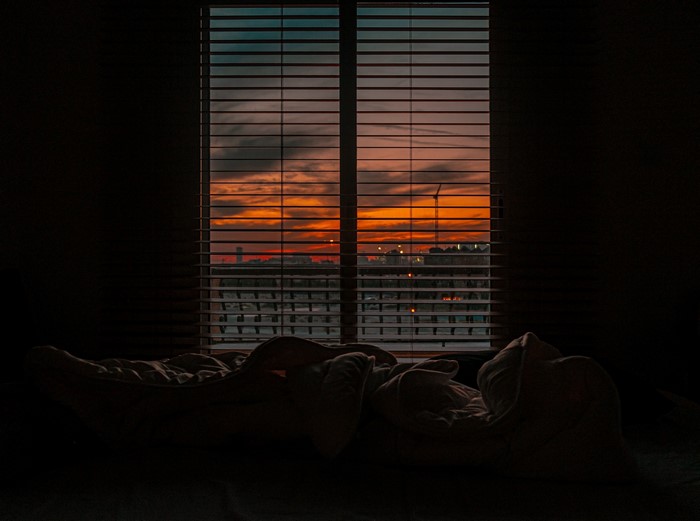 4K Sunset View Through Bedroom Window Blinds
