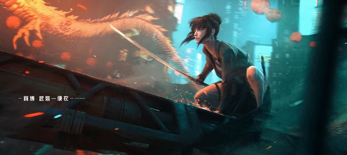 women, Tian Zi, sword, loong, chinese dragon, Chinese character, dragon, fantasy art, artwork
