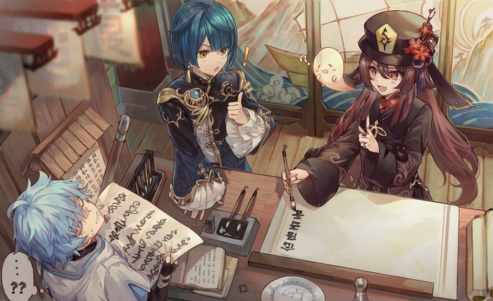 anime girls, Chongyun(Genshin Impact), Genshin Impact, Xingqiu(Genshin Impact), Hu Tao (Genshin Impact)