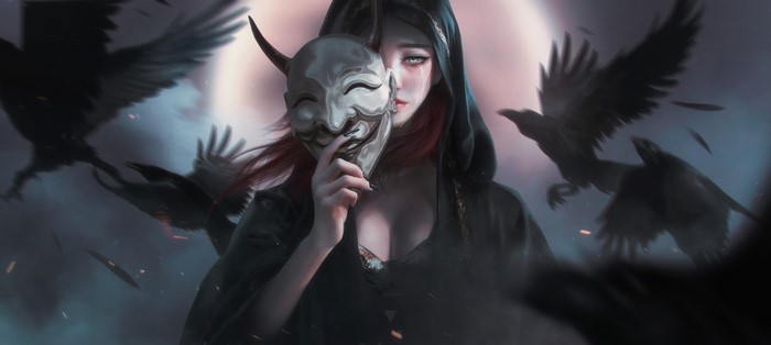 women, artwork, crow, mask, fantasy art