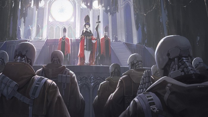 4K, short hair, red clothing, women with glasses, cyborg, Robots, praying, science fiction, 2D, white legwear, church, AreaAaron, temple, yellow eyes, original characters, dark hair, anime girls, anime