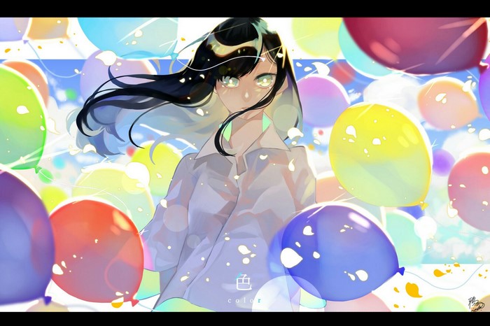 long hair, balloon, wind, shirt, black hair, petals, anime girls, anime