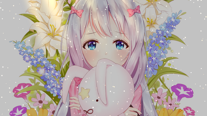 blue eyes, fair skin, tears, Eromanga-sensei, silver hair, flowers, Izumi Sagiri, hair band, anime girls, Rabbit (artist)