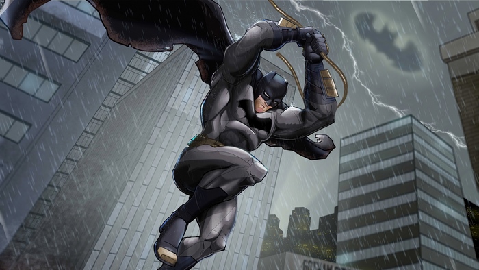 Batman swinging through Gotham City in the rain