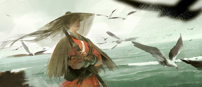 birds, fantasy girl, artwork, women with hats, sea, women outdoors, animals, Asian, women, fantasy art