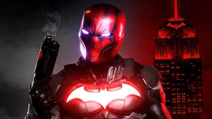 Red Hood with Batman Symbol and Empire State Building