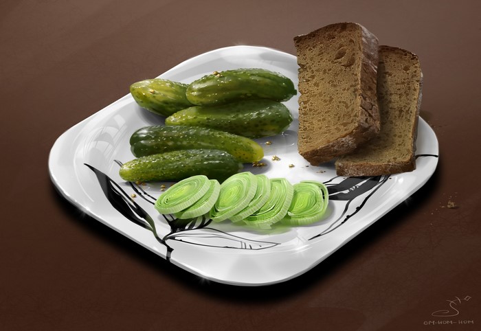 food, artwork, Leek, Cucumber, pickles, bread