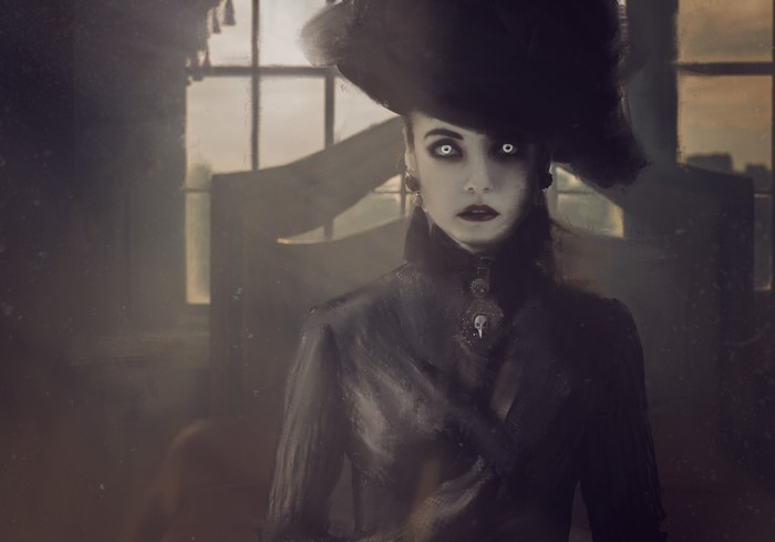 drawing, white eyes, Gothic, portrait, sun rays, women, Antony Carlyon, frontal view, hand on chest, artwork, open mouth, vampires, pale, Mina Murray, ArtStation, hat, looking at viewer, women with hats, digital art