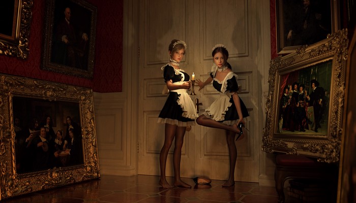 maid outfit, 3D, pantyhose, dress, candles, Lou LL
