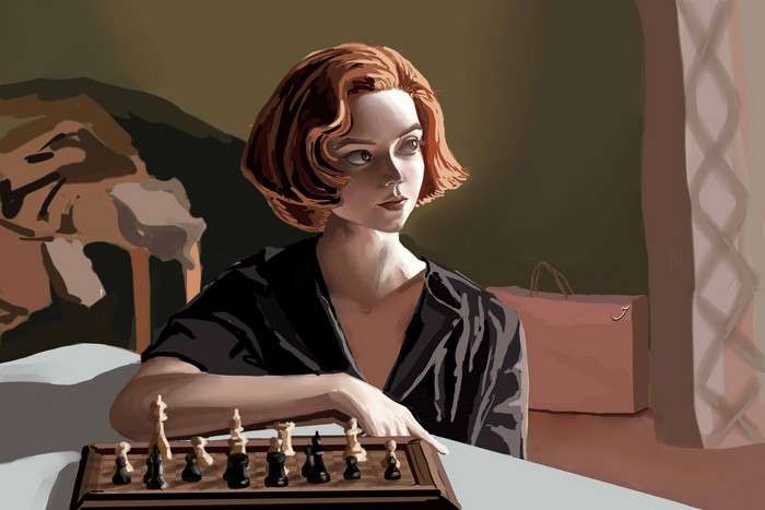 artwork, Dina (Artist), women, TV Series, digital art, Beth Harmon, Anya Taylor-Joy, looking away, ArtStation, drawing, The Queens Gambit, looking at the side, fan art, short hair, Netflix TV Series, chess