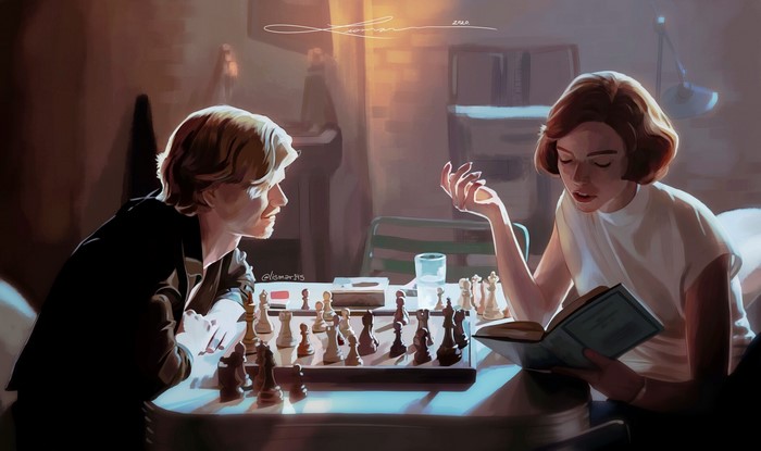 artwork, Lismar Rojas, Anya Taylor-Joy, ArtStation, Benny Watts, reading, Beth Harmon, The Queens Gambit, room, digital art, drawing, chess, table, open mouth, women, indoors, fan art, glass, Netflix TV Series, Thomas Brodie Sangster, short hair, sitting, books, men, TV Series