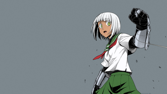 anime, short hair, school uniform, anime girls, Dinoponera, manga, Ifuji Shinsen, white hair, tanned, schoolgirl, green eyes, Arachnid アラクニド