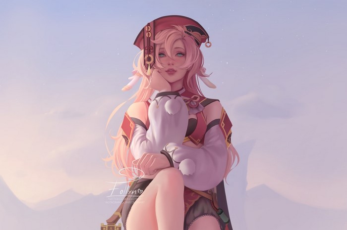 Yanfei(Genshin Impact), anime girls, mountains, green eyes, anime, sky, EOLLYNART, Genshin Impact, freckles, pink hair