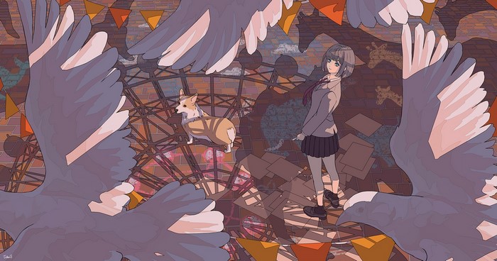 school uniform, tie, dog, pigeons, gray hair, anime girls, birds, blue eyes, anime, short hair
