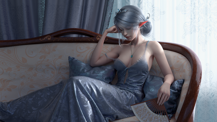women, fans, silver dress, elves, CGI, couch, silver hair