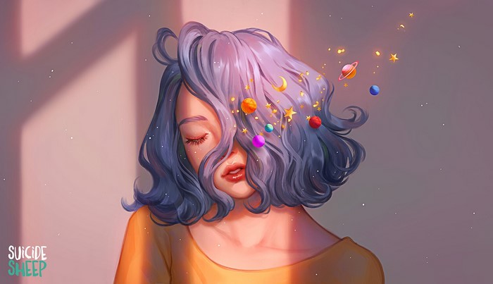 Fantasy Art of Woman with Blue Hair by Karmen Loh