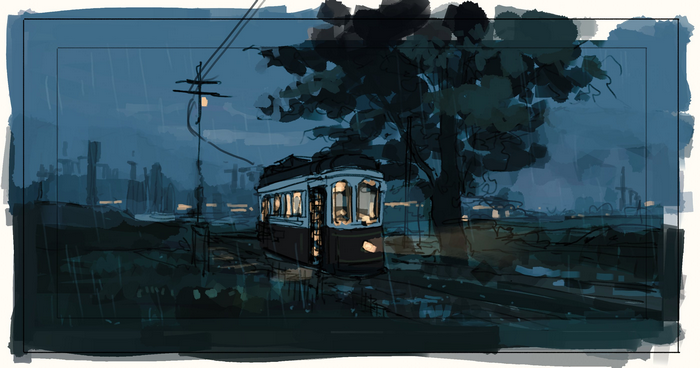 power lines, night, artwork, trees, digital art, tram