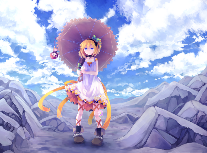 women with umbrella, umbrella, blue eyes, anime girls, yellow hair, anime, Tales of Zestiria, clouds, standing