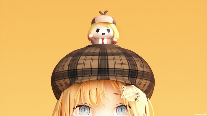 yellow background, monocles, yellow hair, Watson Amelia, blue eyes, Hololive, hat, bangs