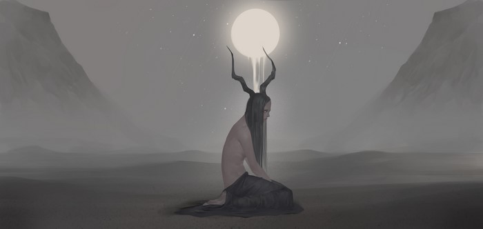 4K, bare shoulders, mountains, Midfinger, artwork, digital art, fantasy art, women, 2D, moonlight, white eyes, long hair, horns, barefoot, black hair, monster girl, original characters, bareback, illustration