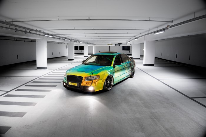 4K, car, vehicle, Audi A4, chrome, monochrome, tuning, airride, Stance, parking lot, parking